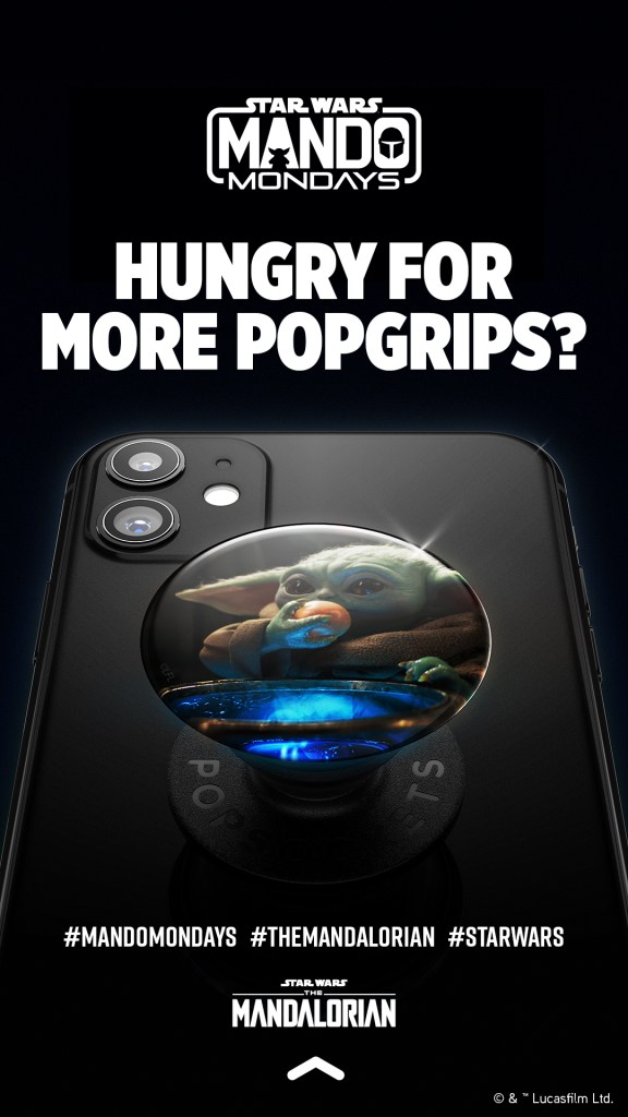 Social media post of a PopGrip on a black phone printed with an image of Grogu from the television show The Mandalorian